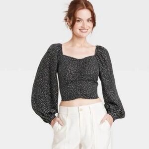 A New Day Black Polka Dot Smocked Crop Top Balloon Sleeve M